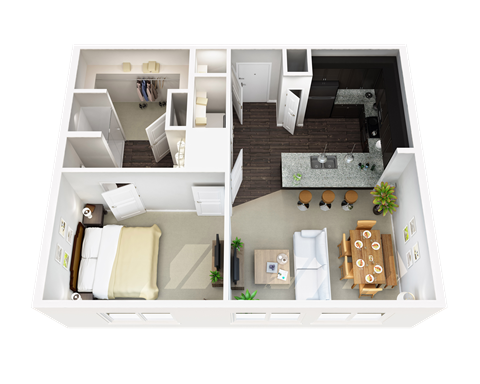 Floor plan for 1 bed, 1 bath, 749 sqft